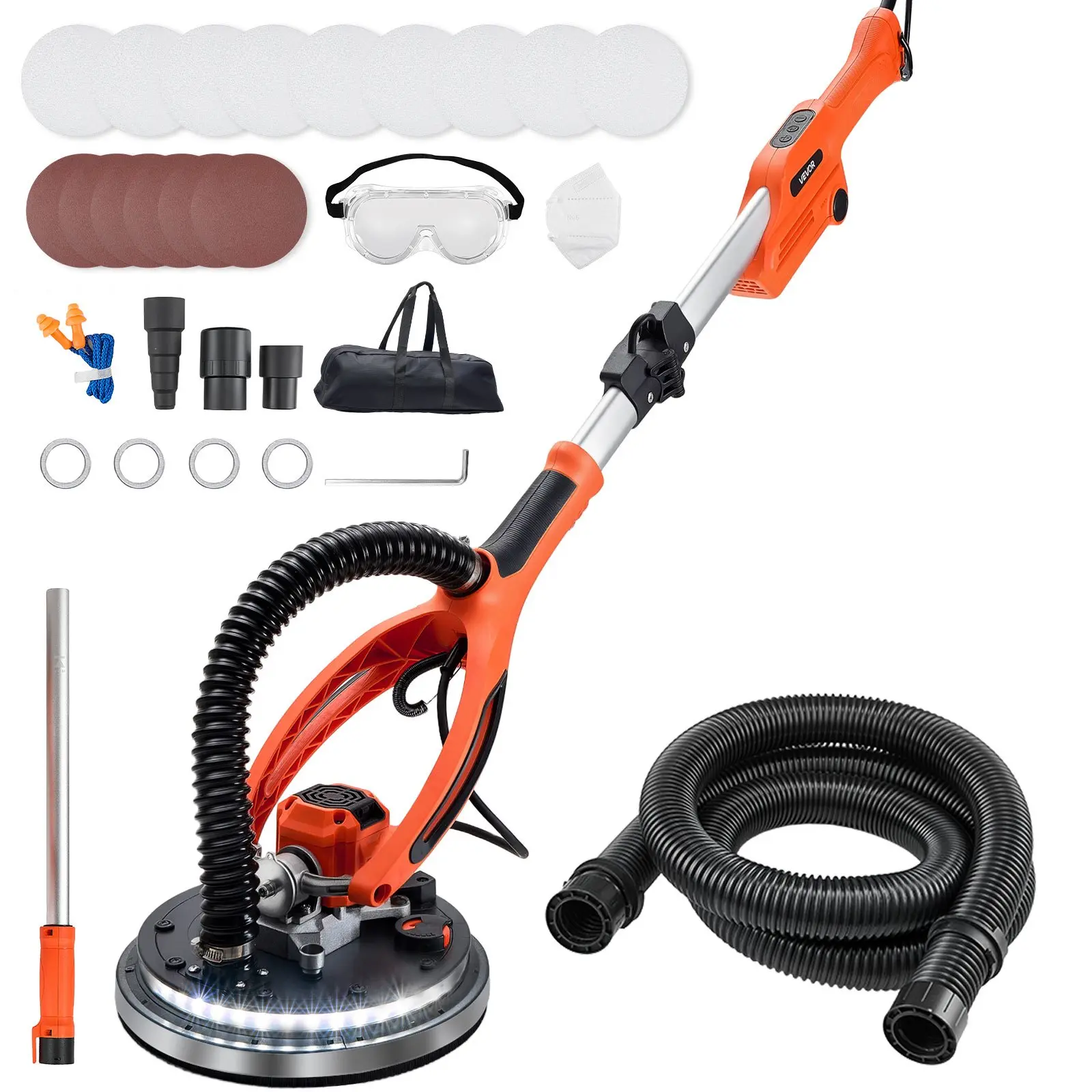 VEVOR Drywall Sander, 950W Electric Tool for Floors & Ceilings, 7 Variable Speeds (1000-2300 RPM), Double-Deck LED Light, Foldable Extendable Handle, 15 Sanding Discs, Dust Hose, 11.68 lbs, 1000 Rpm-2300 Rpm