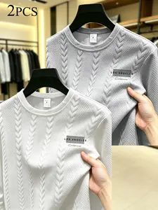 2pcs Men's Textured Braided Sweatshirt, Loose Fit Round Neck Long Sleeve, Comfortable Casual Wear for Daily Commute, Outdoor Running, Fitness Training