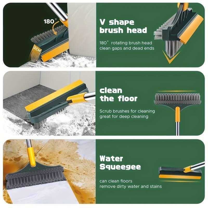 Long Handle Floor Scrub Brush, 1 Count 2 in 1 Floor Cleaning Brush & Scraper, 180 Degree Rotatable V Shaped Brush Head Cleaning Tool, Household Cleaning Supplies for Bathroom Kitchen Home