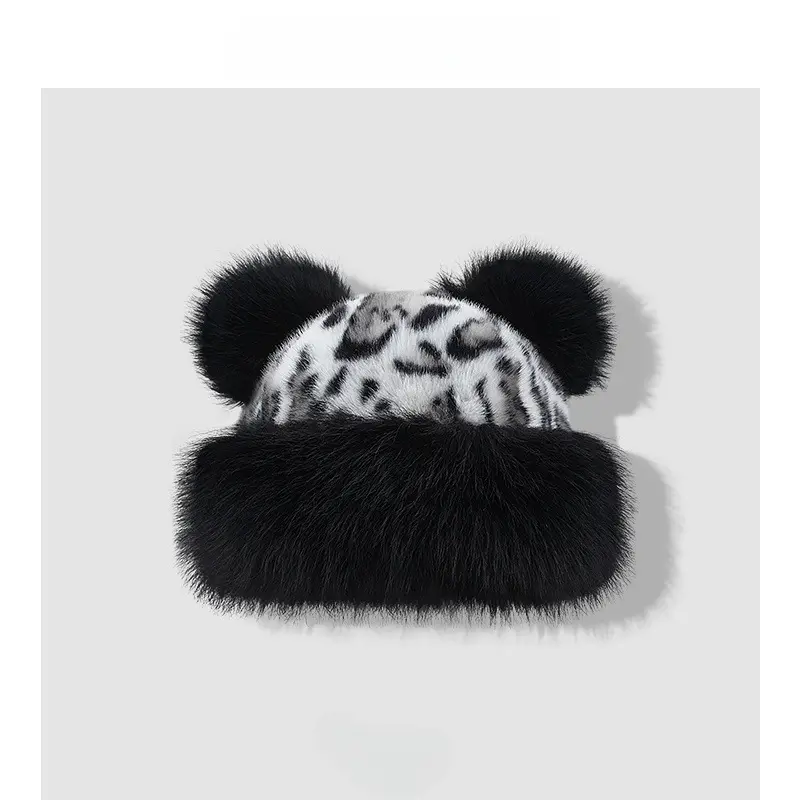 Faux Fur Leopard Print Bear Ear Bucket Hat Winter Warm  display picture 2