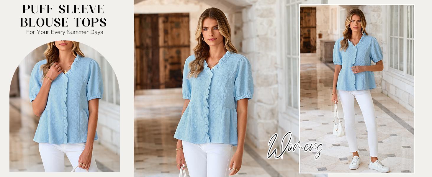 Fashare Womens Peplum Puff Sleeve Tops Dressy Casual Summer Textured Blouses V Neck Ruffle Pleated Shirts