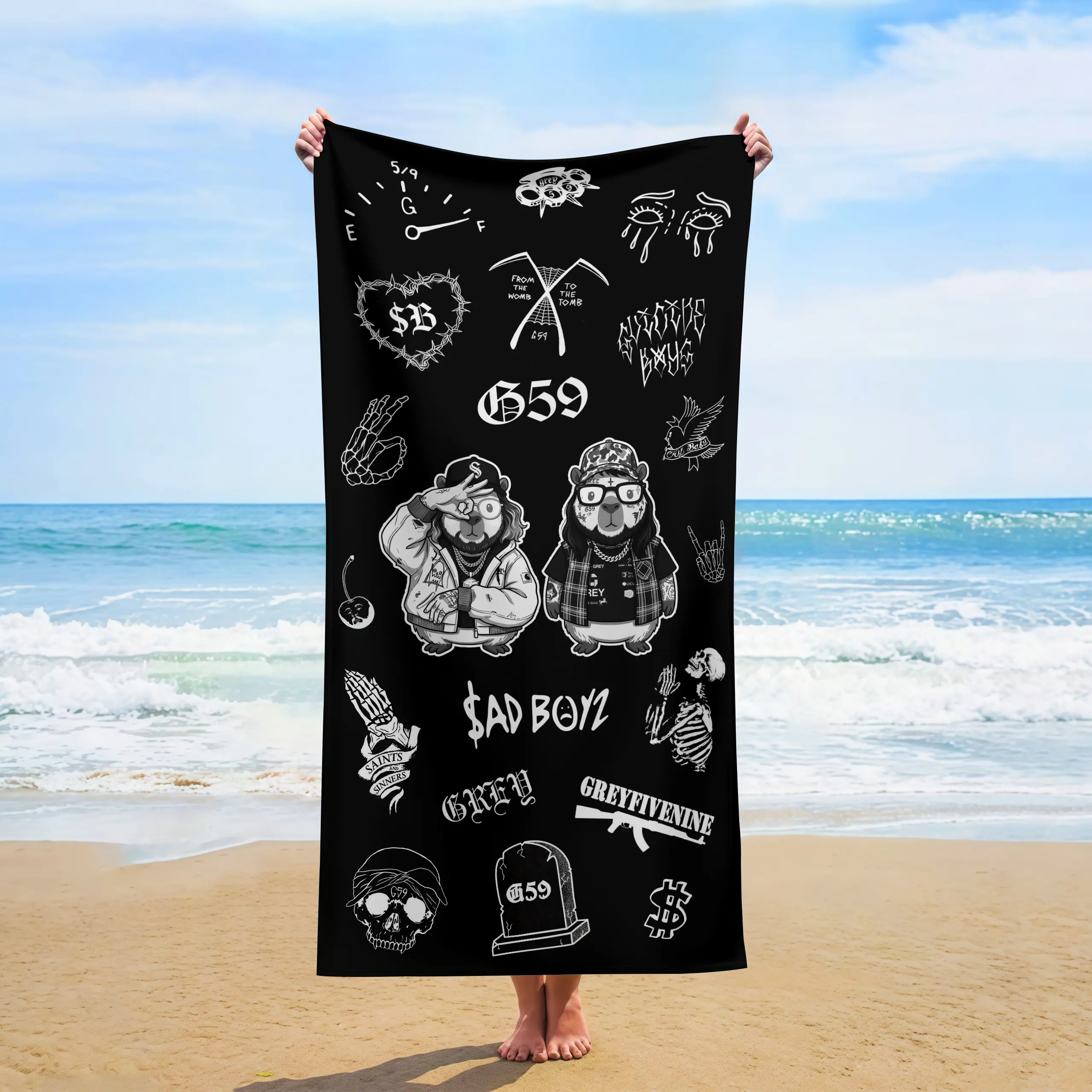 Dark Background All Over Skull, Scythe, Dove Tattoo Grey59 Capybara Print Microfiber Beach Towel, Versatile For Gym, Surfing, Beach Outings & Underground Rap Festival Accessories