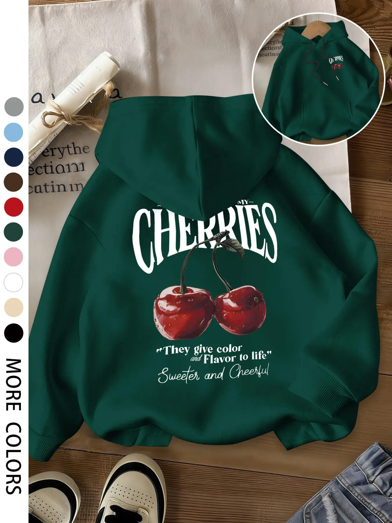 Women's Casual Loose Cherry Pattern Hoodie, Long Sleeve Sweatshirt with Large Pockets, Fall Winter Fashion Top for Daily Wear, Printed Graphic Hoodie