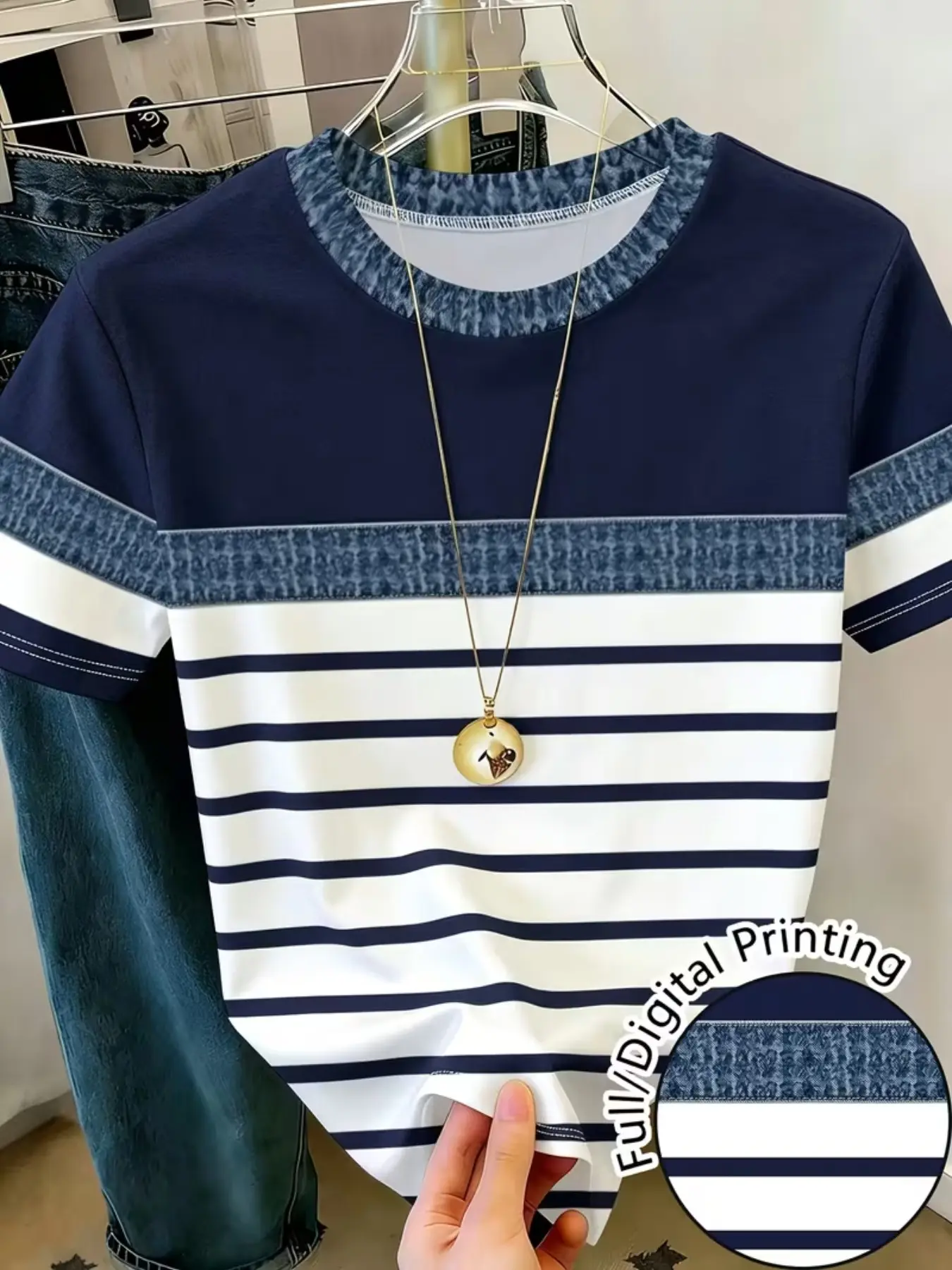 Women's Round Neck Short Sleeve T-Shirt, Navy Striped Denim Print, Casual Loose-Fit Top, All Seasons Fashion