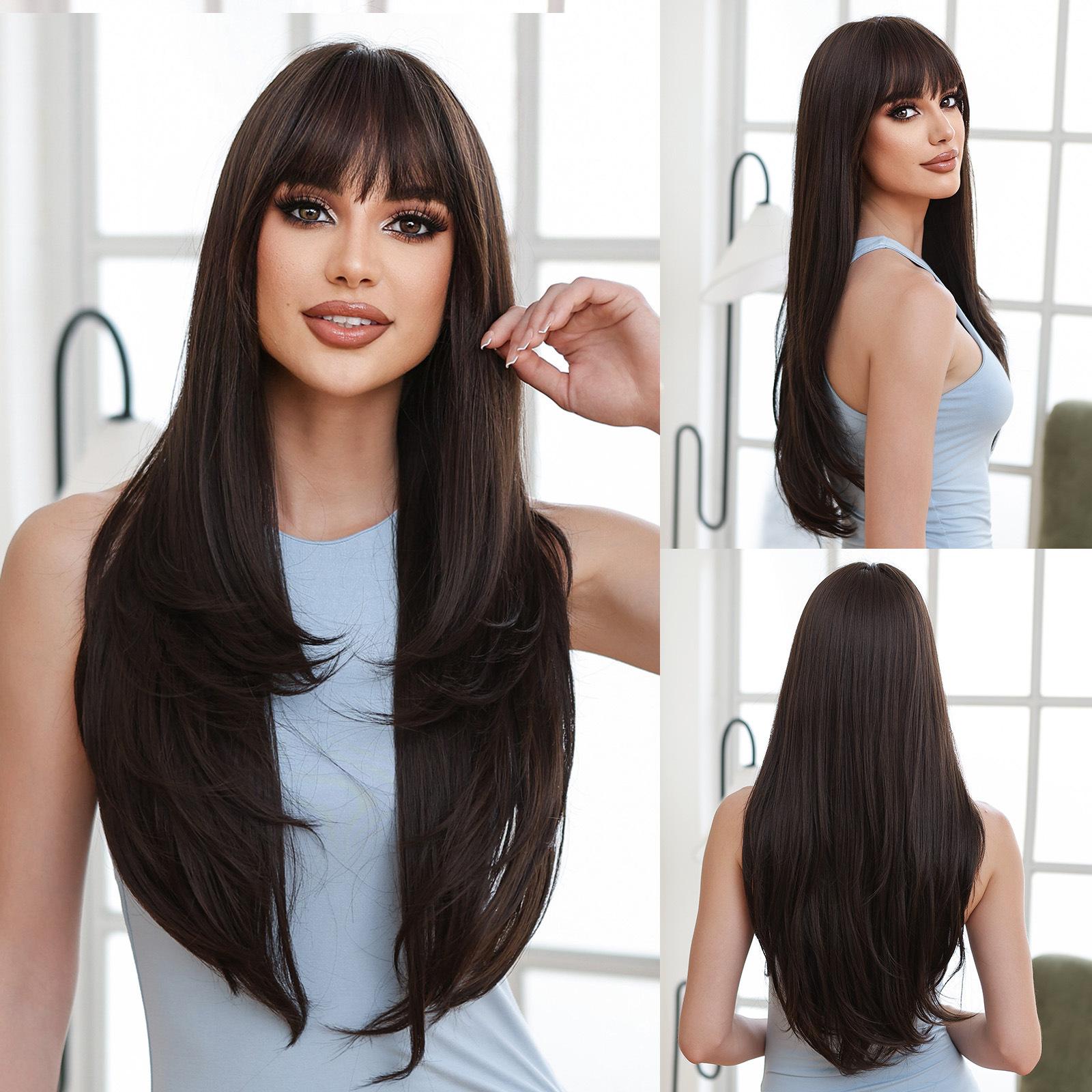 Latest Gray Ombre Straight Hair Wig with Front Fringe High Temperature Synthetic Fiber Easy to Put On Glueless Ventilated European and American Fashion Hair Topper