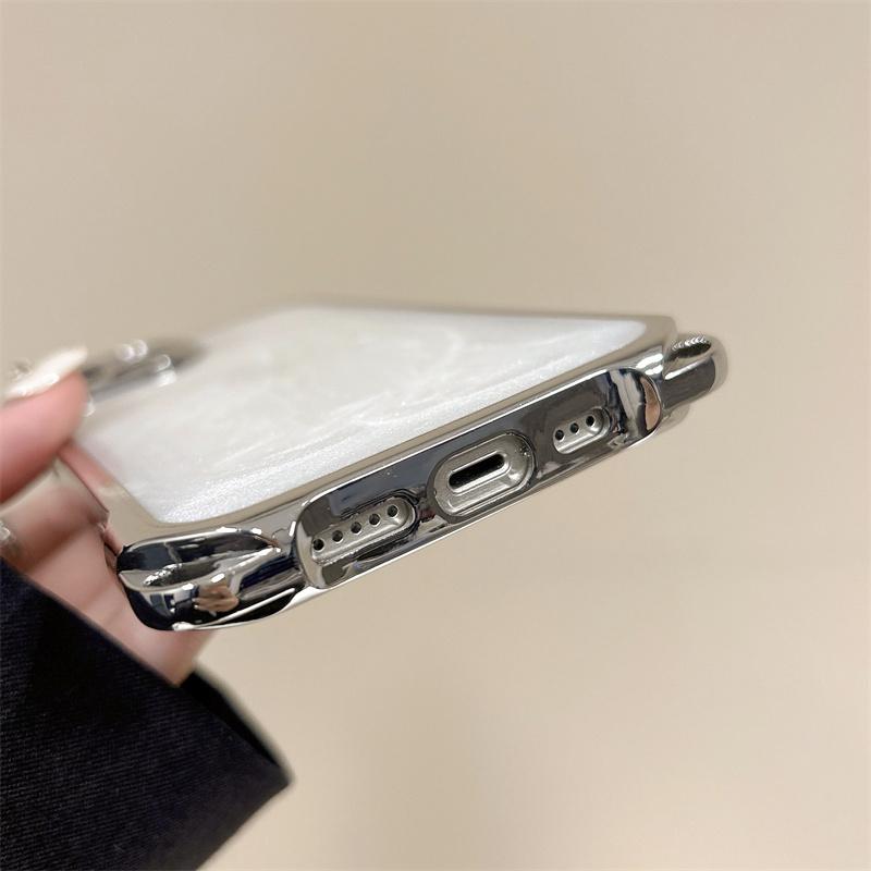 Silver Plated Four-Corner Shockproof Phone Case for iPhone 17 Pro Max 16 15 Pro Max 14 Plus 13 12, Minimalist Pearlescent White & Cement Gray Silicone Cover, Trendy Luxury for Women