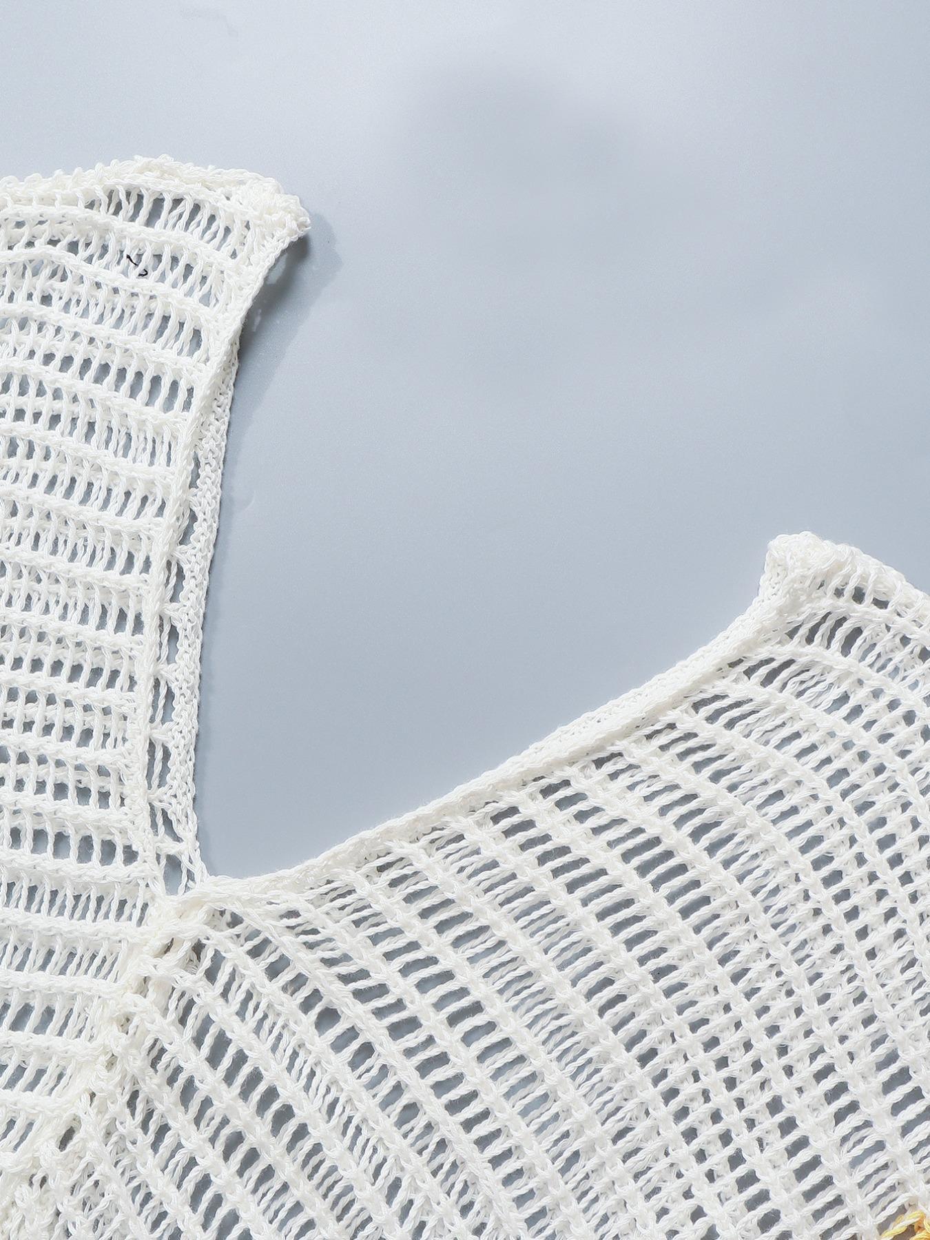 Plus Size Women's Striped Print Fringe Trim Hollow Out Split Thigh Sweater Dress, Plus Batwing Sleeve V Neck Cover Up Long Knitting Dress Swimsuit Cover Up Beach Cover Ups