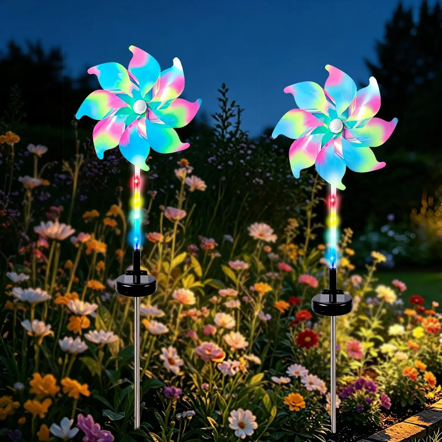 2-Pack Solar Windmill Lights, Outdoor Waterproof Garden Lamps, Color-Changing LED Decorative Lights, Pathway, Lawn, Patio, Courtyard, Garden