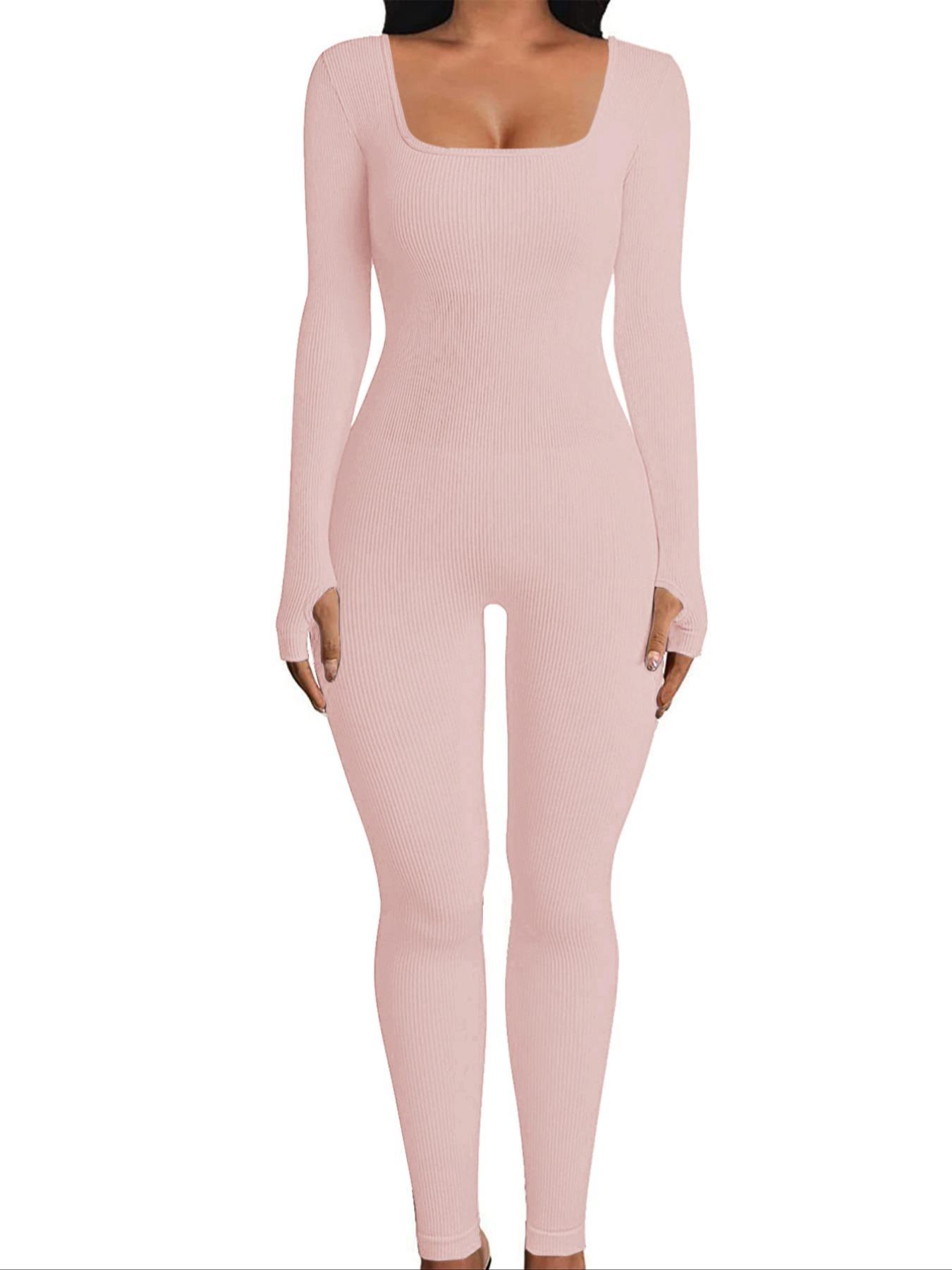 Women's Ribbed Thumb Hole Design Lounge Body Shaping Jumpsuit, Slim-Fitting Home Wear for All Seasons, Women's Loungewear Footed Jumpsuit