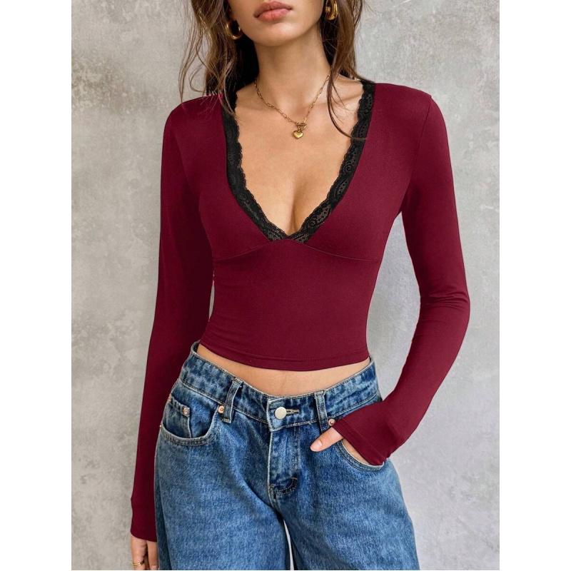Women's Spring Fashion Solid Color Deep V Neck Blouse, Long Sleeve Lace Patchwork Slim Crop Top, Sexy Lace Trim Fitted T-Shirt, Great for Shopping, Gathering & Going Out Outfits