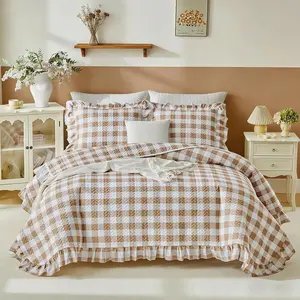 3pcs Ruffle Set King, Tan Gingham Ruffled, Soft Cozy Microfiber Taupe Farmhouse Bedspread Coverlet for All Season- 102x90 inches