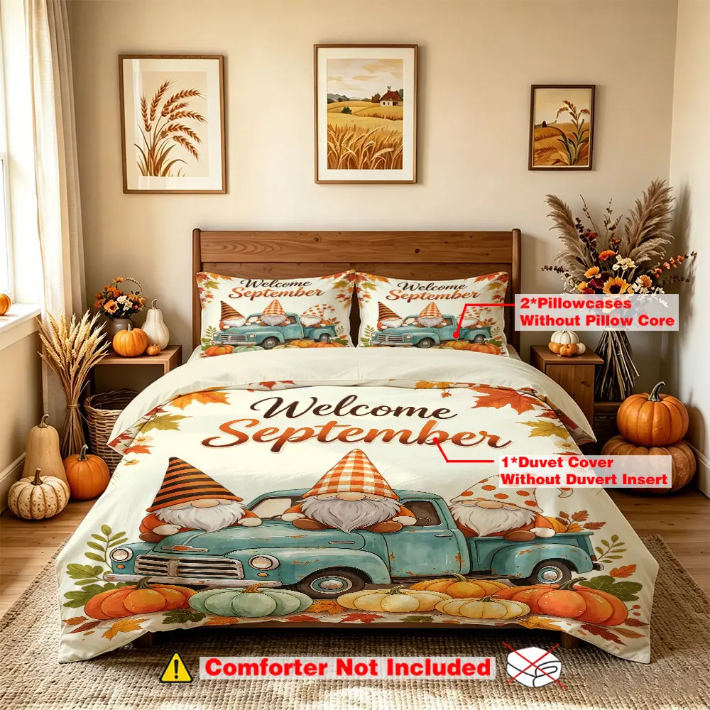 3-piece bedding set (1 bedspread + 2 pillowcases without inner cores) featuring hand-painted little dwarf trucks and September-themed slogans. It is suitable for use in hotels, dormitories, and other occasions, as well as for festive decorations.