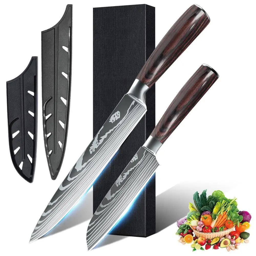2PCS Kitchen Knife Set, Japanese Style Chef Knife with Wood Handle, High Carbon Razor Sharp Stainless Steel, Damascus Pattern, Knife for Chopping Meat, Fish, Fruit, Vegetables#DealsForYouDays