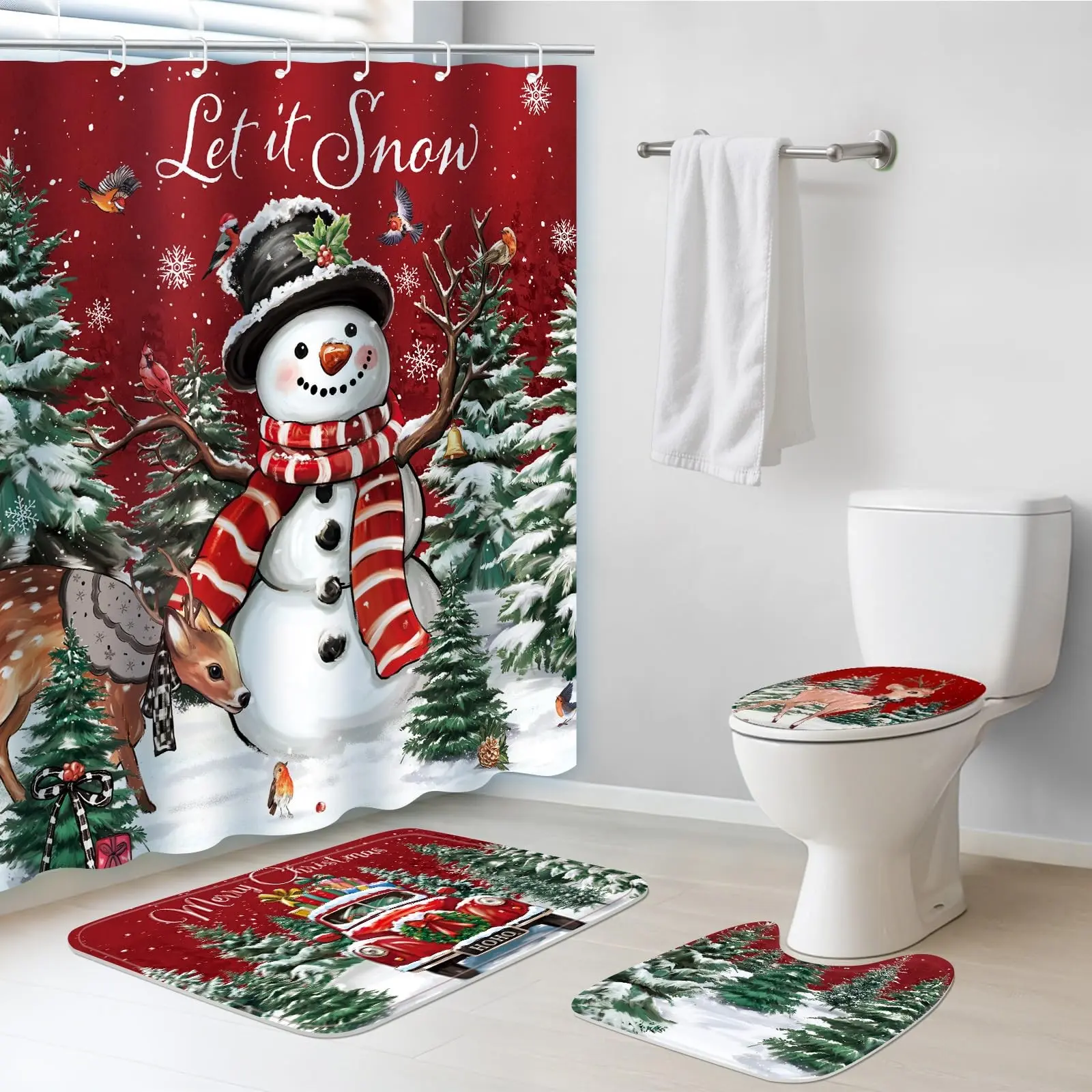 4pcs Polyester Xmas Shower Curtain Set - Waterproof Winter Bathroom Decor Set with Snowman, Deer, Toilet Seat Cover & Bathroom Decor Ideas Accessory