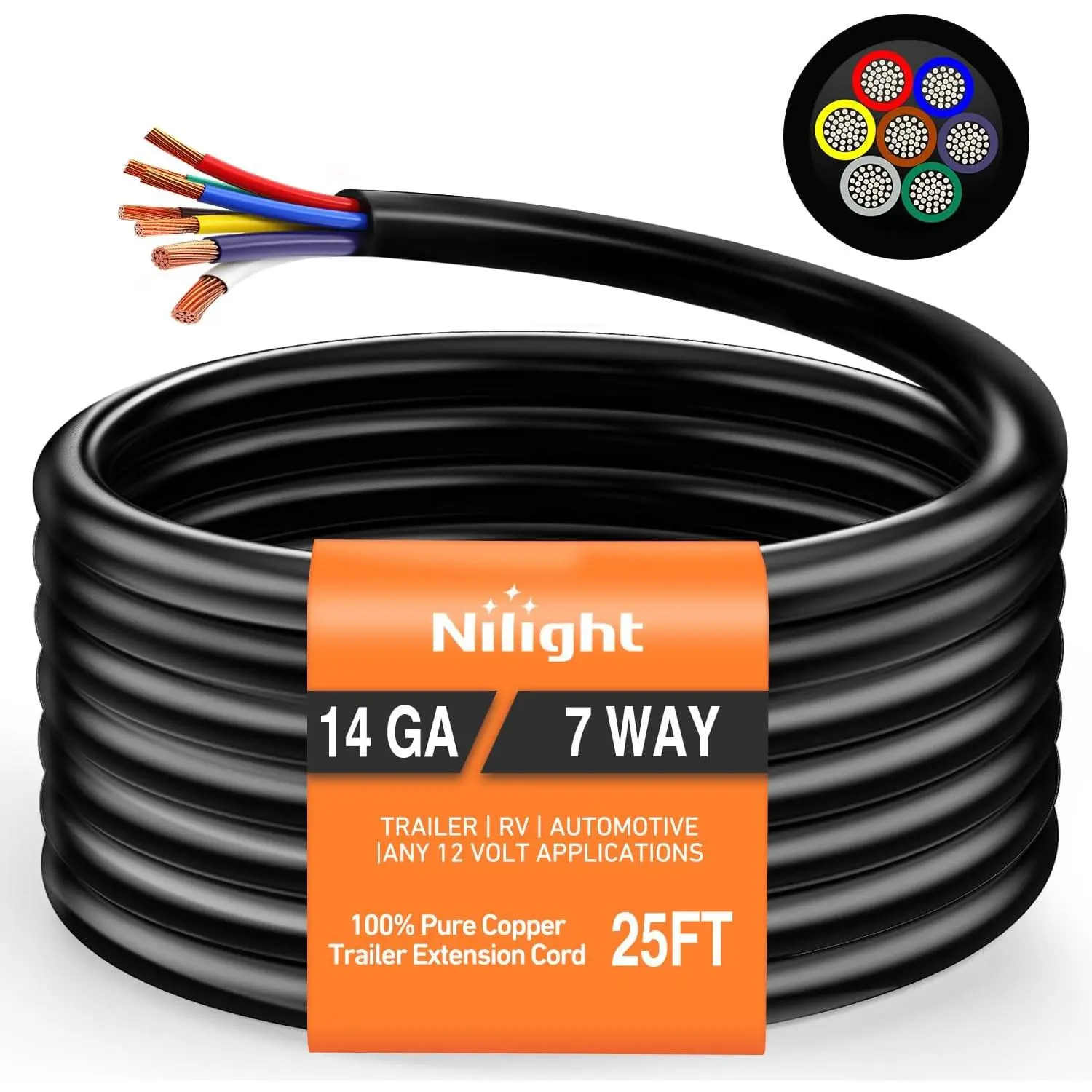 Nilight 25 Feet 7 Way Trailer Extension Cable Traditional SAE 14 Gauge 7 Conductor 100% Pure Copper Insulated Heavy Duty Wire Weatherproof for 7 Pin Blade RV Automotive