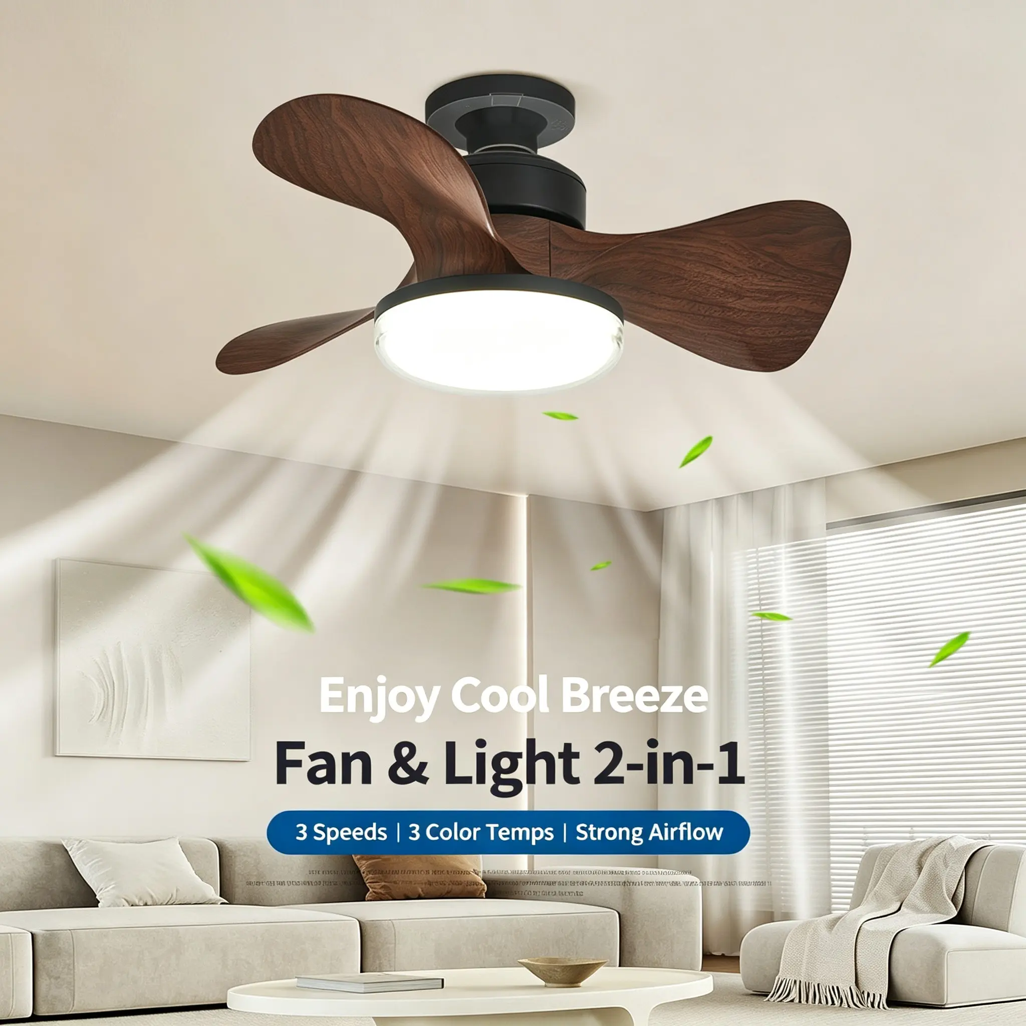 Small LED Fan Light, Coffee Color, E27 Socket, Easy Installation, Silent Energy Saving, 3 Speeds, 3 Colors, Remote Control, Compact Space Lighting