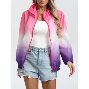 Women'S Lightweight Hooded Sunscreen Cover Gradient Color Printed Zipper Pocket Top Outdoor Jacket