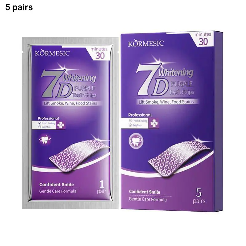 7-Day Whitening Purple Teeth Strips, Tooth Brightening Strips, 5 Pairs/Box, Hydroxyapatite, Teeth Whitener, Non Sensitive Whitener, Whitens Teeth, Freshens Breath, Easy to Use, Fights Oral Problems, Whitestrips