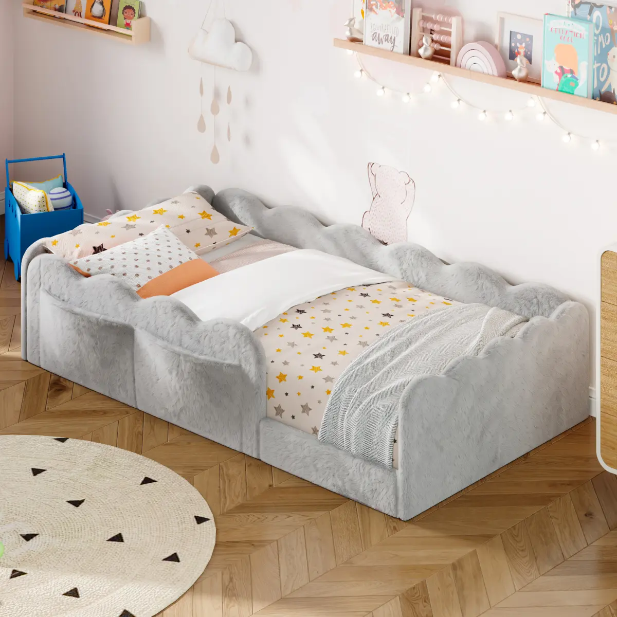 Twin Size Upholstered Floor Bed, Light Gray