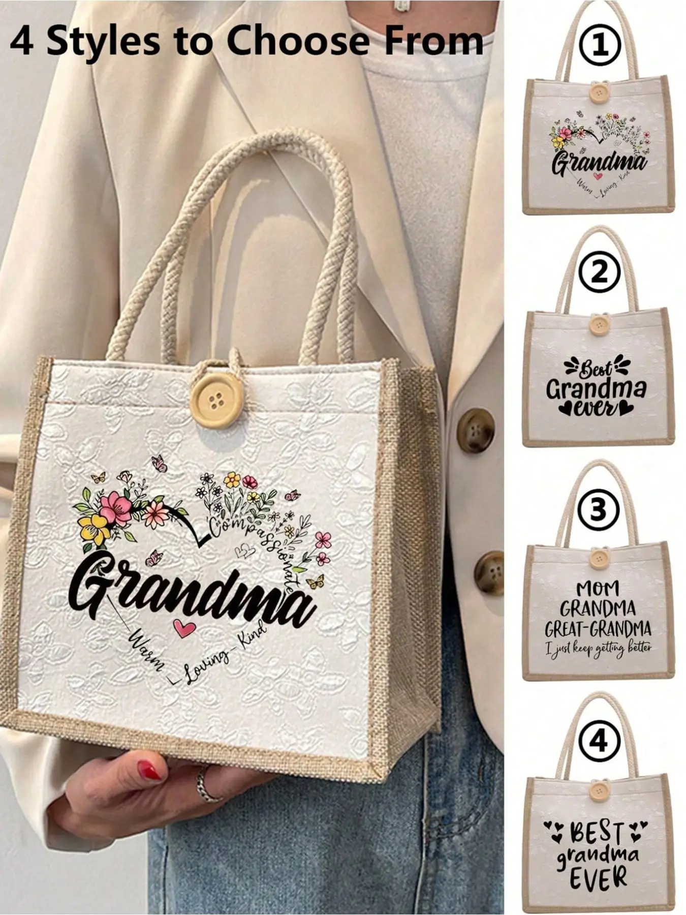 Best Grandma Linen Tote Bag Set, Simple Large Capacity Shoulder Bag, Gift for Grandma, Casual Storage Tote, Multi-Functional Shopping Bag, Personalized Lunch Bag