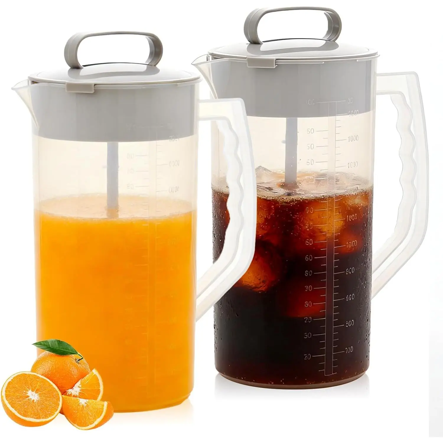 2PCS/SET 2 Quart/64oz Mixing Pitcher with Adjustable Plunger & Lid BPA-Free Drink Container for Juice Formula Tea Wide Mouth Easy Clean Vortex Mixing Technolog