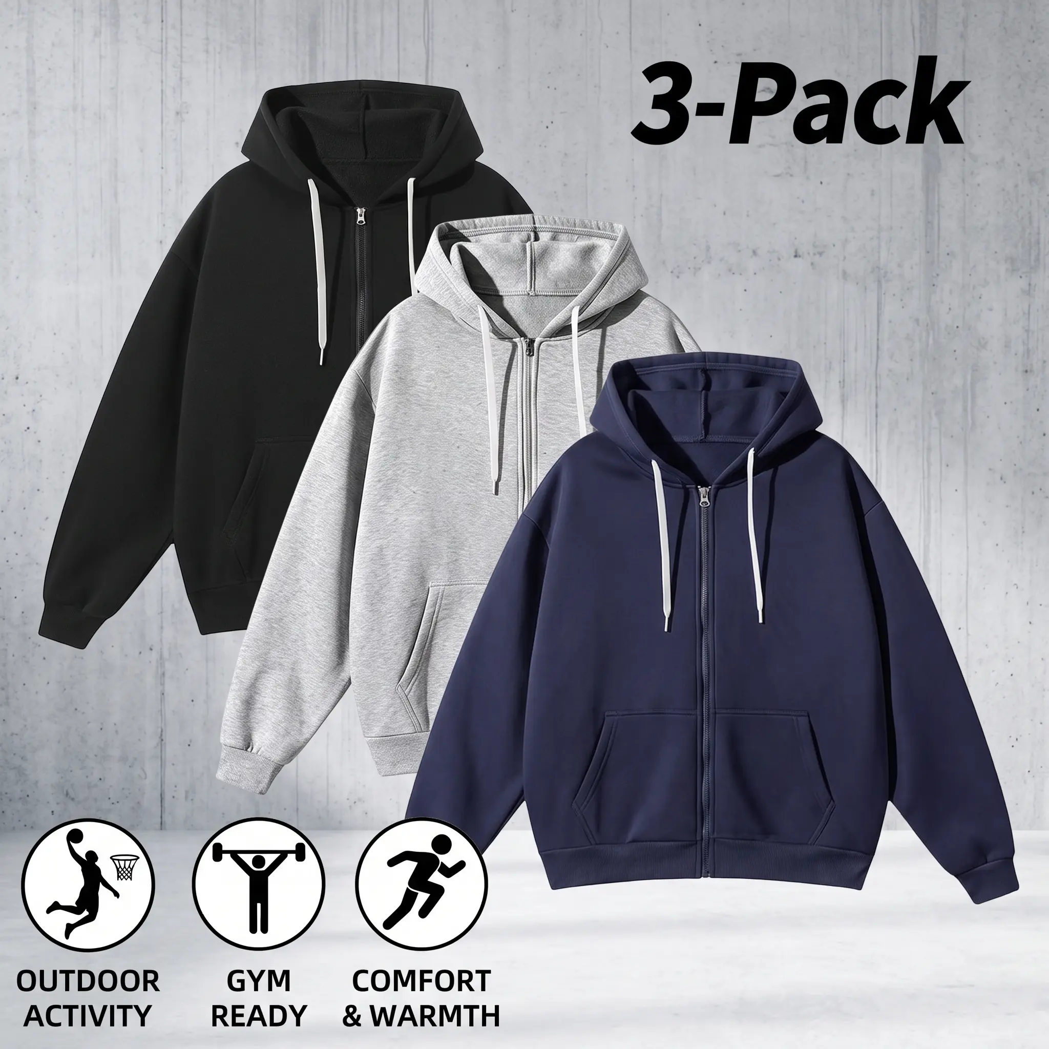 3-Pack Men's Fall Winter Soft Full-Zip Hoodies Drawstring Side Pockets Loose Casual Hooded Jackets For Basketball Cycling Jogging Urban Wear Daily Style.