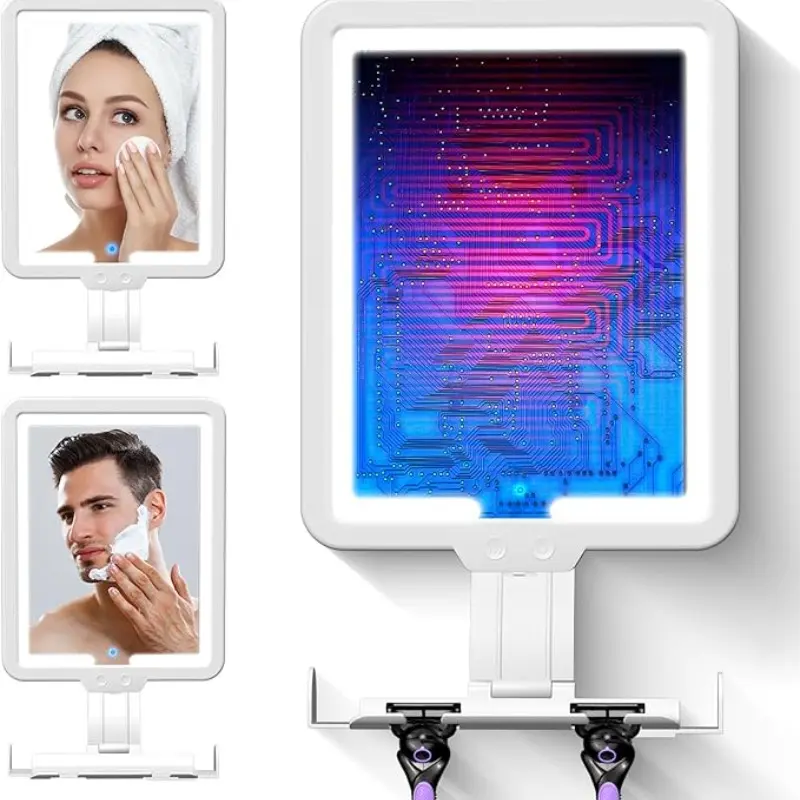 Heated Shower Mirror Anti-Fog Shaving, 3 Color Lighting, Lighted Mirror, 9.5x8 Inches, Wall-Mounted Large Shaving Mirror with Razor Holder