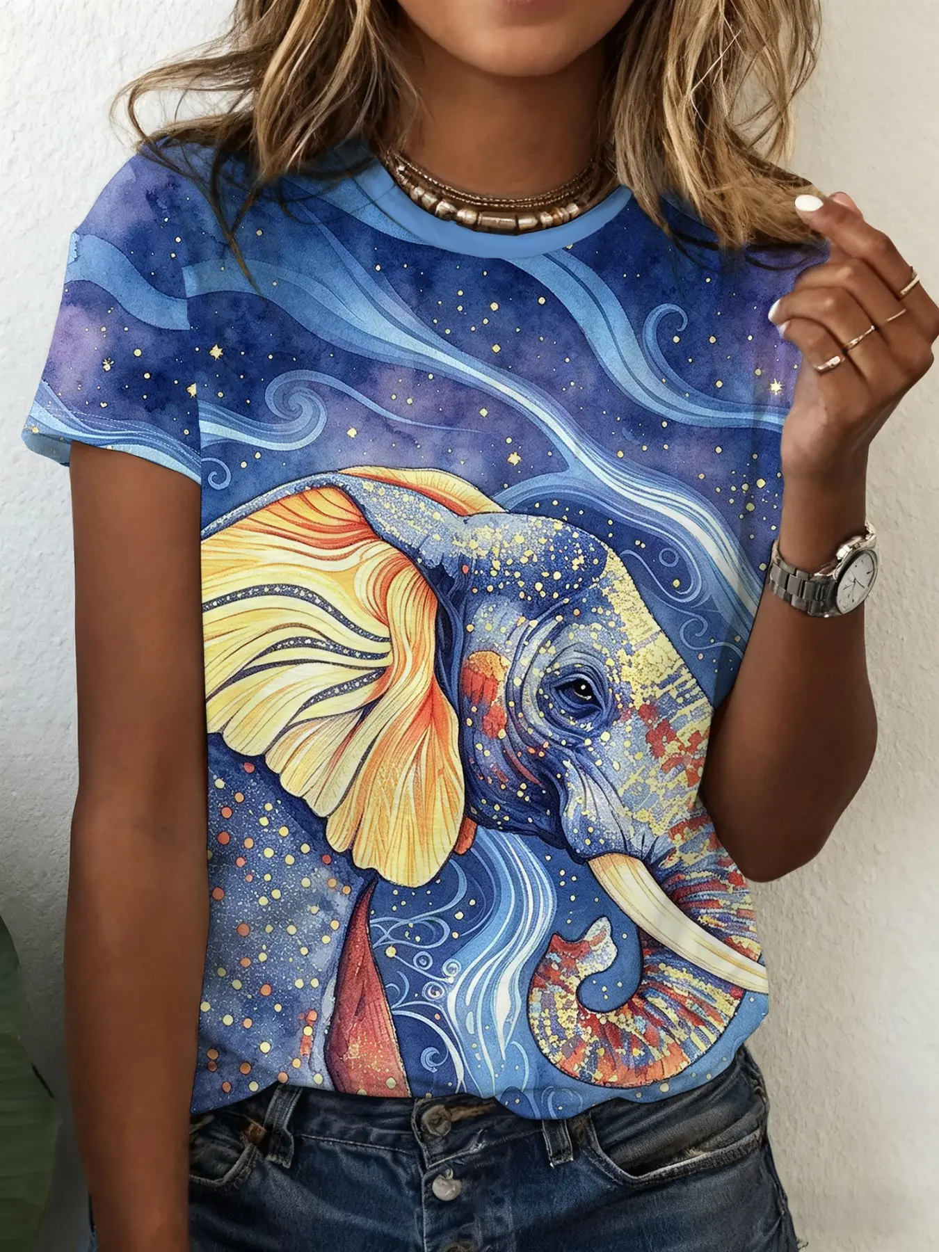 Women's Short Sleeve T-Shirt, Artistic Starry Ethnic Style, All over Print, Loose-Fitting, Casual Wear, Ideal for Outing and Leisure