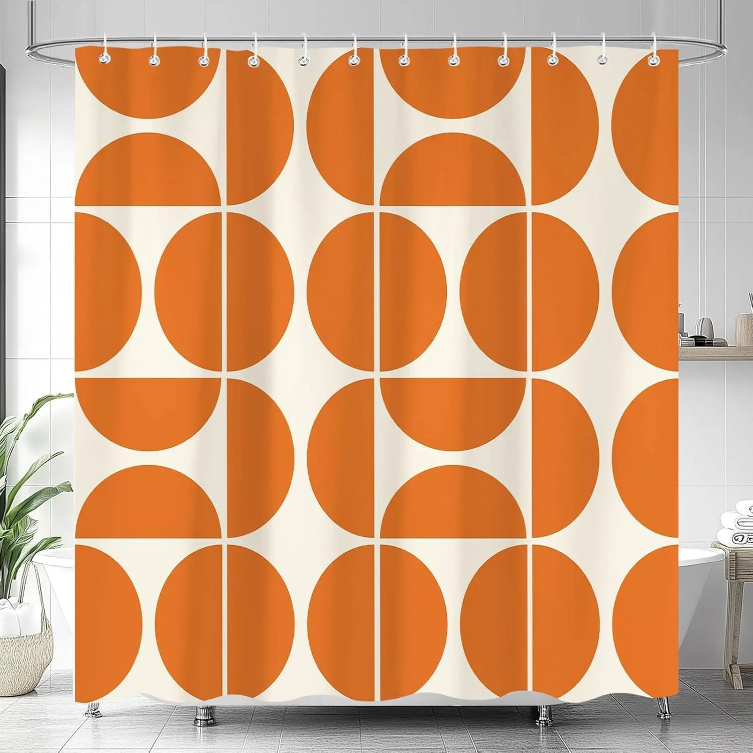 Cream Orange Mid-Century Modern Waterproof Polyester Shower Curtain - Boho Abstract Geometric Art Design, Plastic Hanging Set with 12 Hooks, 72x72in Bathroom Accessory