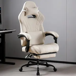 Beige PU Leather Massage Gaming Chair with Retractable Footrest, 90°-135° Reclining Ergonomic High Back Computer Chair, Adjustable Headrest Lumbar Support 360 Swivel Silent Casters, 300Lbs Weight Capacity Home Game Room Office Desk Chair Easy Assembly No