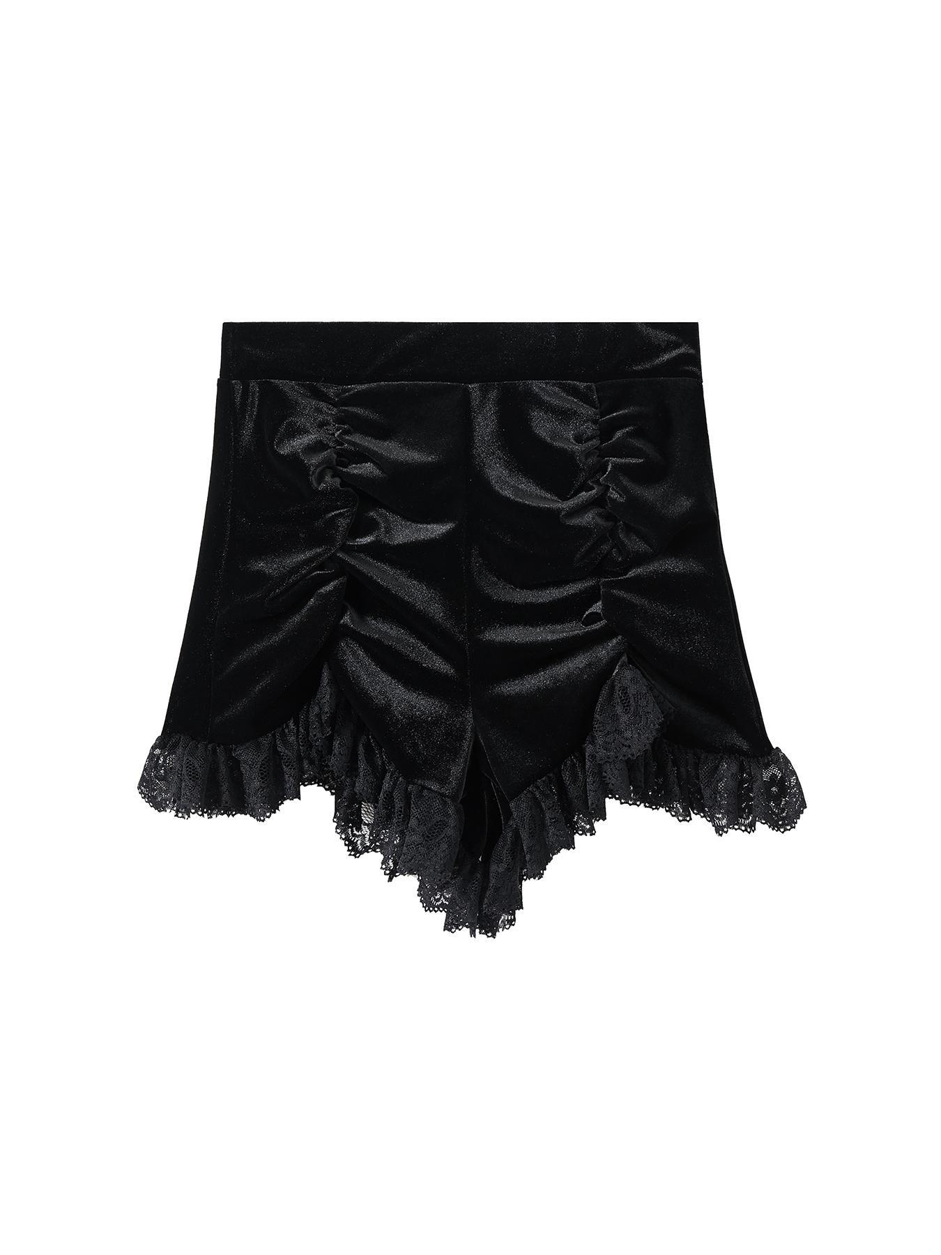 Women's Contrast Lace Ruched Velvet Shorts without Waist Belt, Goth Asymmetrical Hem High Waist Skinny Shorts for Party Holiday Vacation, Girly Clothing, Ladies Bottoms for All Seasons, Shorts for Women, Womenswear, Chic, Fashion