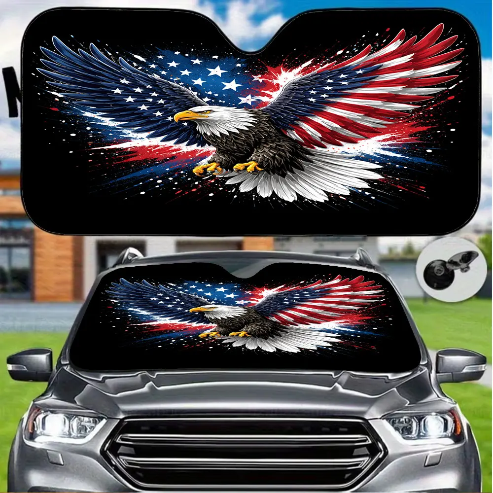 1pc American Flag Bald Eagle Print Windproof, Car Windshield Sunshade, Automotive Windshield Sunshades, UV Protection to Keep Car Cool, Foldable for Easy Storage as Interior Accessory, Featuring Elastic Straps for Most Car Models, Car Window Shade