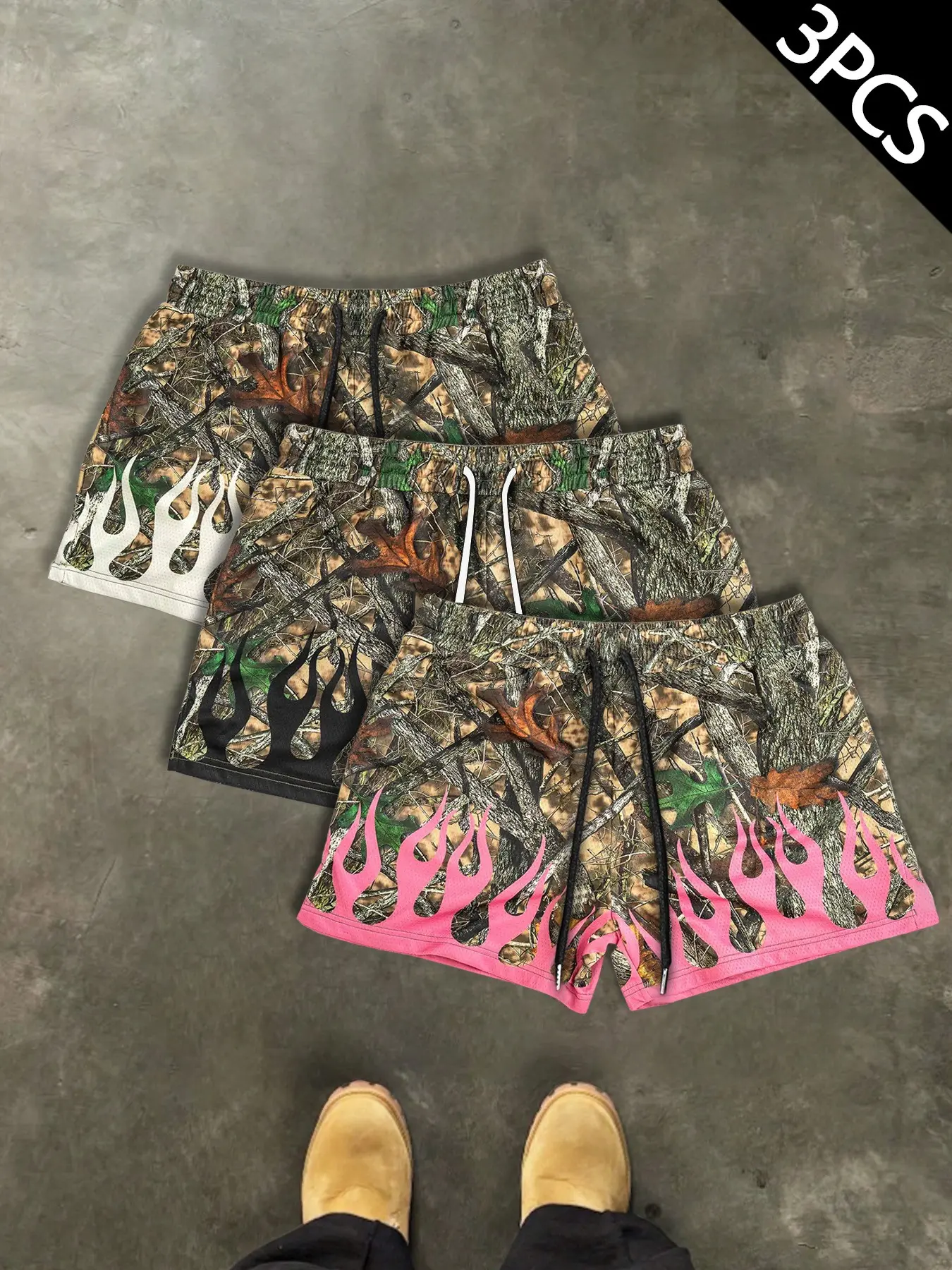 Men's 3 Pack Camo Summer Shorts, Graphic Tree Leaf Jungle Print, Flame Pattern Hem, Drawstring Elastic Waist, Loose Short Cut, Y2K Streetwear, Casual Daily Knee Length Bottoms