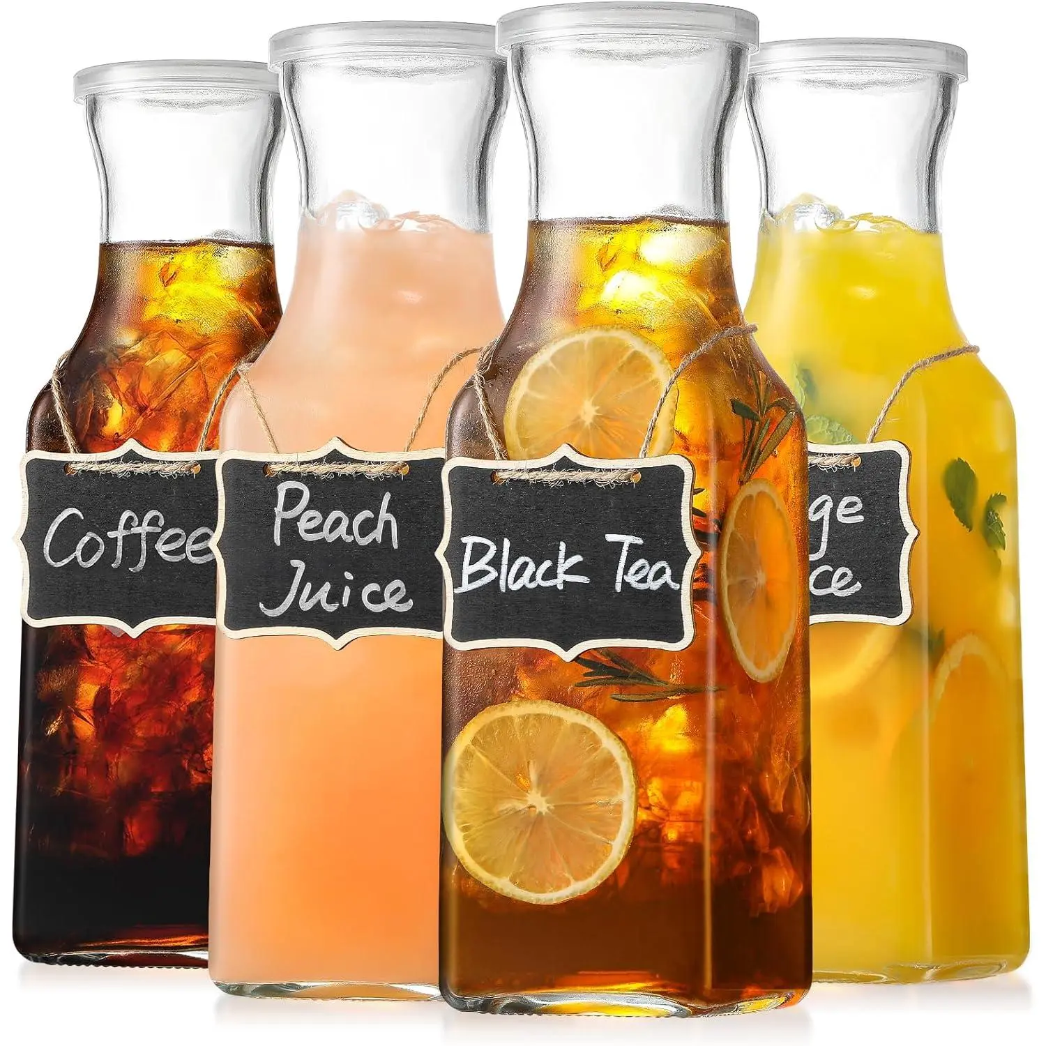 Set of 4 Square Glass Carafe with Lid, 1 Liter Clear Glass Pitcher, Beverage Serveware Carafe for Mimosa Bar, Brunch, Cold Water, Juice, Milk, Iced Tea, LemonadeGift.