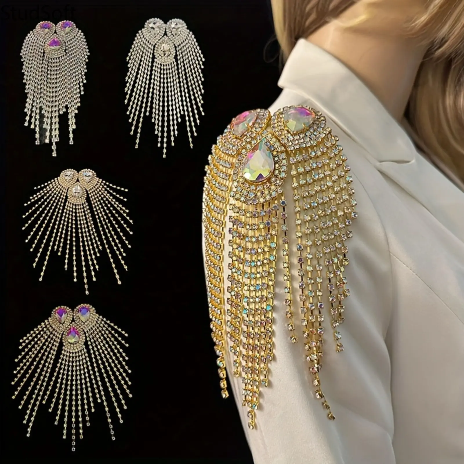 Gold Rhinestone Epaulet - Crystal Tassel Shoulder Applique Brooch Pin, Epaulette Look Tassel Shape Accessory for Sport Rainwear Blazers Suits, Costume Wear DIY Accessory, All Seasons