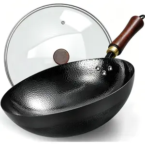 Carbon Steel Wok Pan, 11.8-Inch Nonstick Pre-Seasoned Woks & Stir-Fry Pans with Glass Lid, No Chemical Coated Wok Round Bottom Hand Hammered Chinese Wok for Induction, Gas, Electric & All Stoves