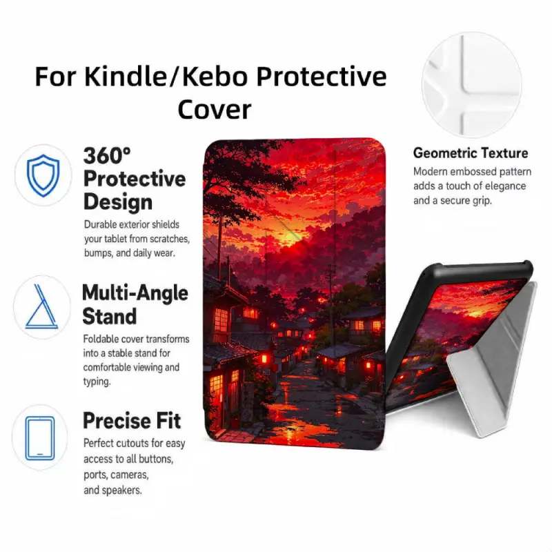 For Kindle/Kobo/Tolino Case, with stand Sunset Village Scene With Lights for New Kindle 11Th 2019, for Kindle 11th Generation Case for Kindle 11Th (2022/2024), 6-Inch, 7-Inch Kindle Paperwhite 12Th Generation 2024 Vision Color (2024) /Vision 6 (2021）/Shin