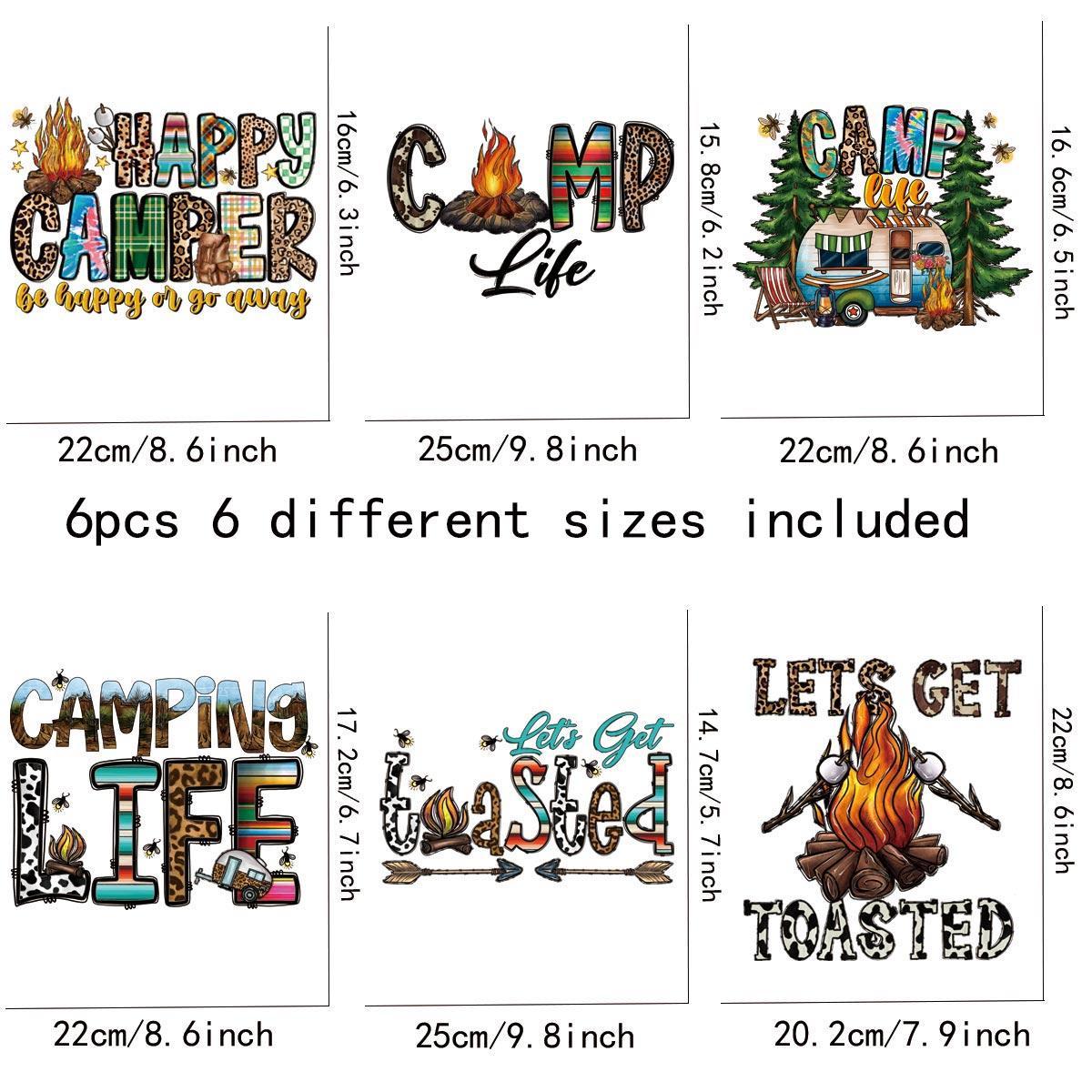 Camping Life Pattern Heat Transfer Sticker, 6pcs Funny Iron on Decal, Iron on Transfer Patch for T-shirt, Jeans, Jacket, Outdoor Camping Lover, Gifts for Family & Friends