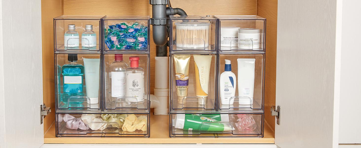 Stackable Storage Drawers Set of 5, Clear Plastic Organizer Bins for Bottle, Beauty Supplies Storage, Ideal for Kichen Countertop, Vanity, Bathroom, Cabinet, Pantry Organization Stackable Storage Drawers Set of 5, Clear Plastic Organizer Bins for Bottle, Beauty Supplies Storage, Ideal for Kichen Countertop, Vanity, Bathroom, Cabinet, Pantry Organization
