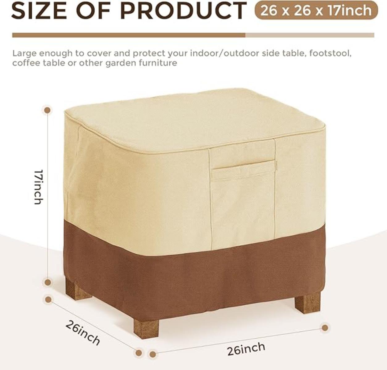 Square Patio Chair Cover Waterproof Heavy Duty Outdoor Ottoman Cover with Padded Handles 26x26x17 Inch Patio Side Table Lawn Furniture Covers, Beige & Brown