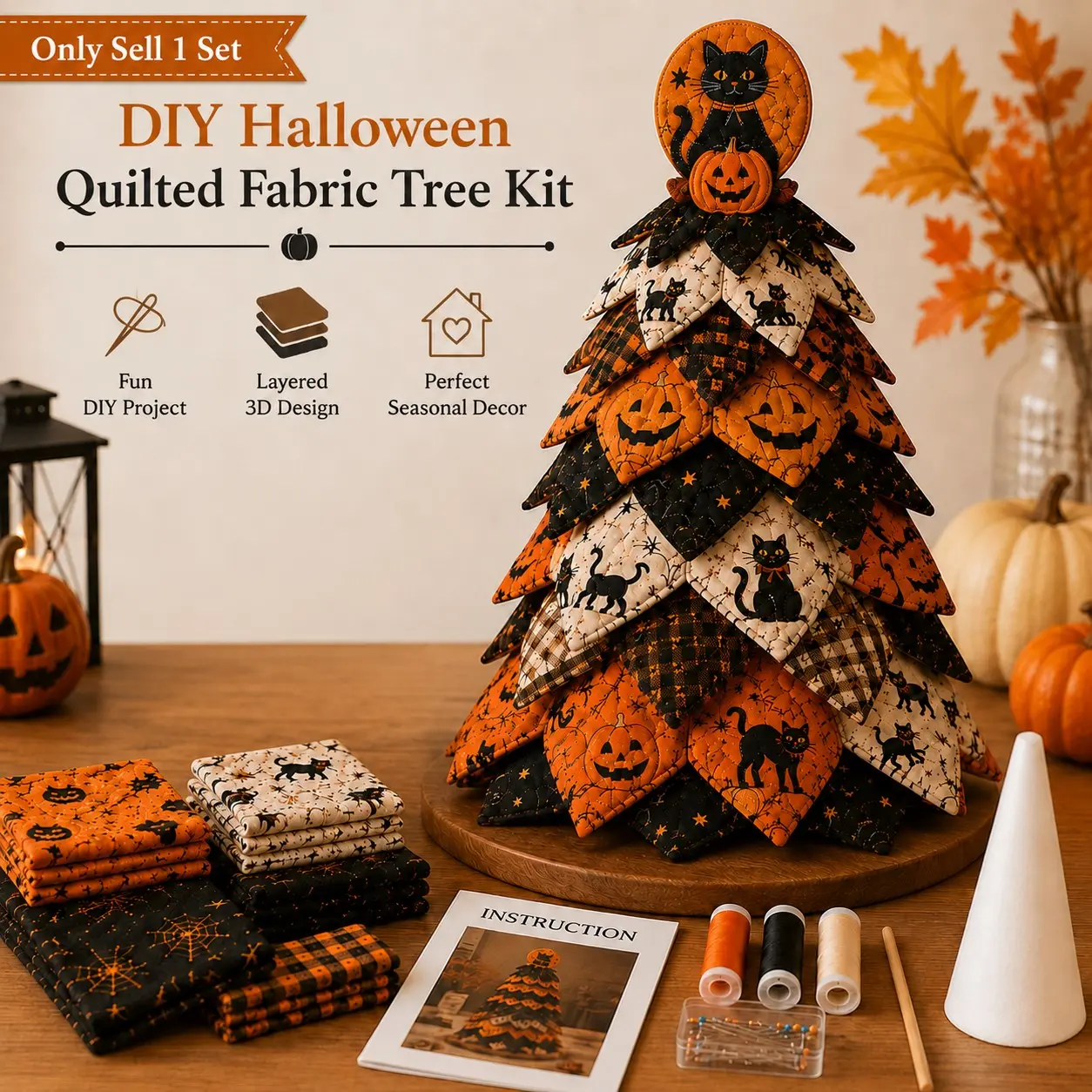 1 Set DIY Halloween Quilted Fabric Tree Kit, 3D Padded Sewing Craft Project, 3D Layered Fabric Sewing Craft Kit With Layered Fabric Design, Handmade Tabletop Mantel Shelf Decor For Craft Lovers And Holiday Home Display