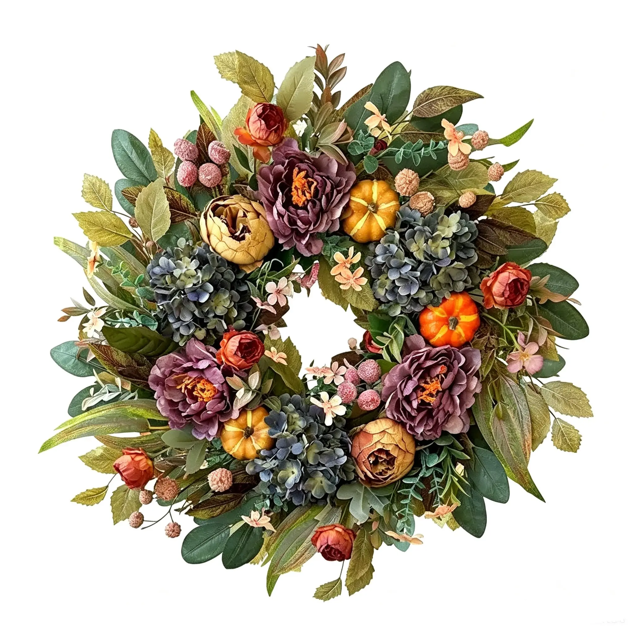 Spring Fall Wreaths for Front Door with Blue Hydrangea, Fall Wreath with Purple,Orange Peony-Fall Decoration for Home-Fall Decor Door Wreath for Valentines Day Mothers Day Autumn