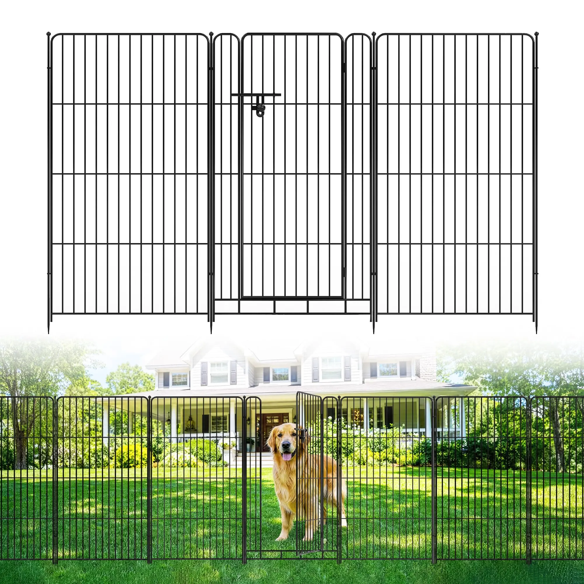 No-Dig Metal Garden Fence 8 Pack with Door - 48in H x 17.7ft L Animal Barrier - Decorative Outdoor Dog & Pet Fencing for Yard, Patio - Black, Playpen Panel Set, 48in x 27in