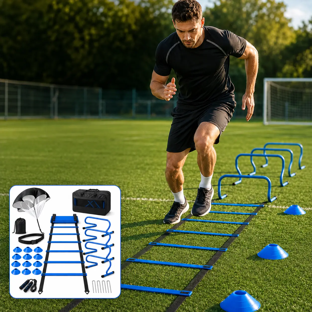 Agility Speed Training Set with Adjustable Fitness Stairs, Agility Ladder, Training Cones & Jump Rope, Footwork Exercise Equipment for Coordination, Balance, Speed, Explosive Power, Soccer, Basketball & Athlete Training