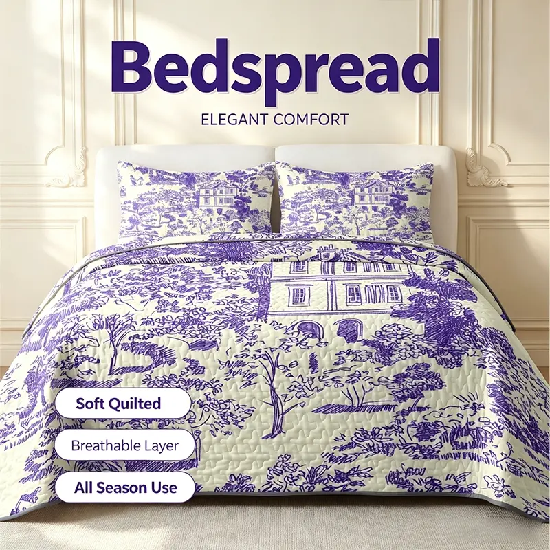 All Season Microfiber Quilted Bedspread, Vintage French Scenic Toile Print, Reversible Lightweight Bed Cover, Soft Wrinkle Resistant