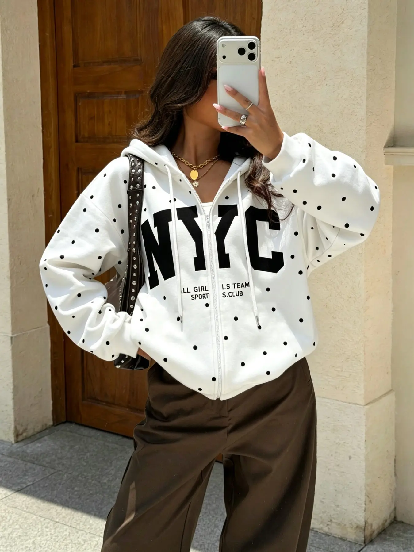 Women's Fashion Loose Fit Polka Dot Hoodie, Nyc Letter Print, Soft French Terry, Casual Fall & Winter Sweatshirt, Daily Wear and Sports