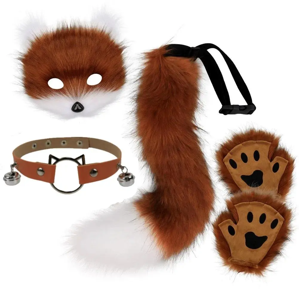 5pcs Hot Sale Fluffy Fur Fox Tail Cat Paws Gloves Wolf Mask Set Halloween Cosplay Costume Accessories Theme Party Dress Up Props