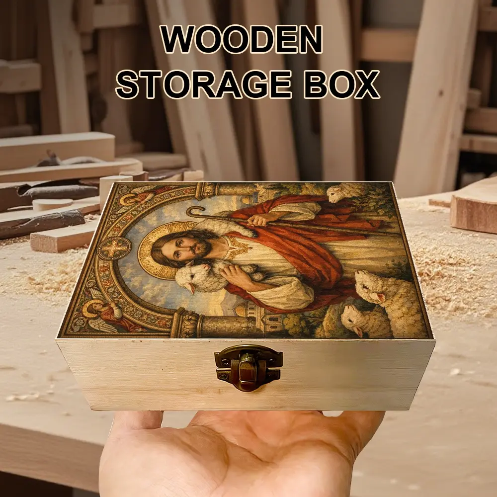 1Pc Hand - crafted Wooden Storage Box, Prayer Box with Jesus the Good Shepherd Illustration, Gift Storage Box, Keepsake Box, Trinket Organizer, Organizer for Home Altar, Church Decor, Personal Devotion, Rustic Christian Decor