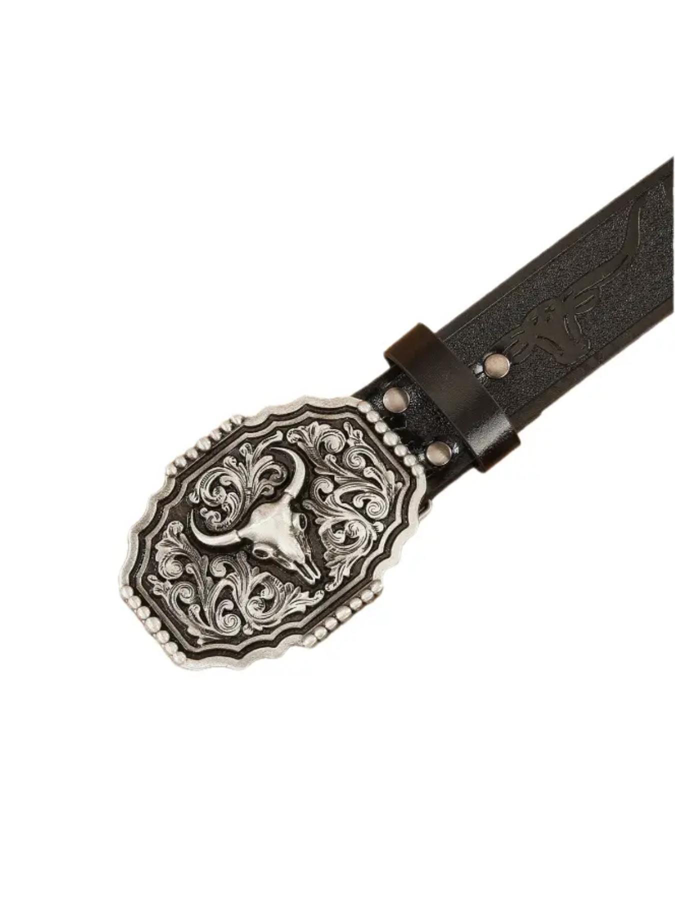 Boho Style Vintage Western Belt, Fashionable Ethnic Pattern Embossed Belt Buckle for Women & Men, Trendy All-match & Exquisite Belt for Birthday Gift