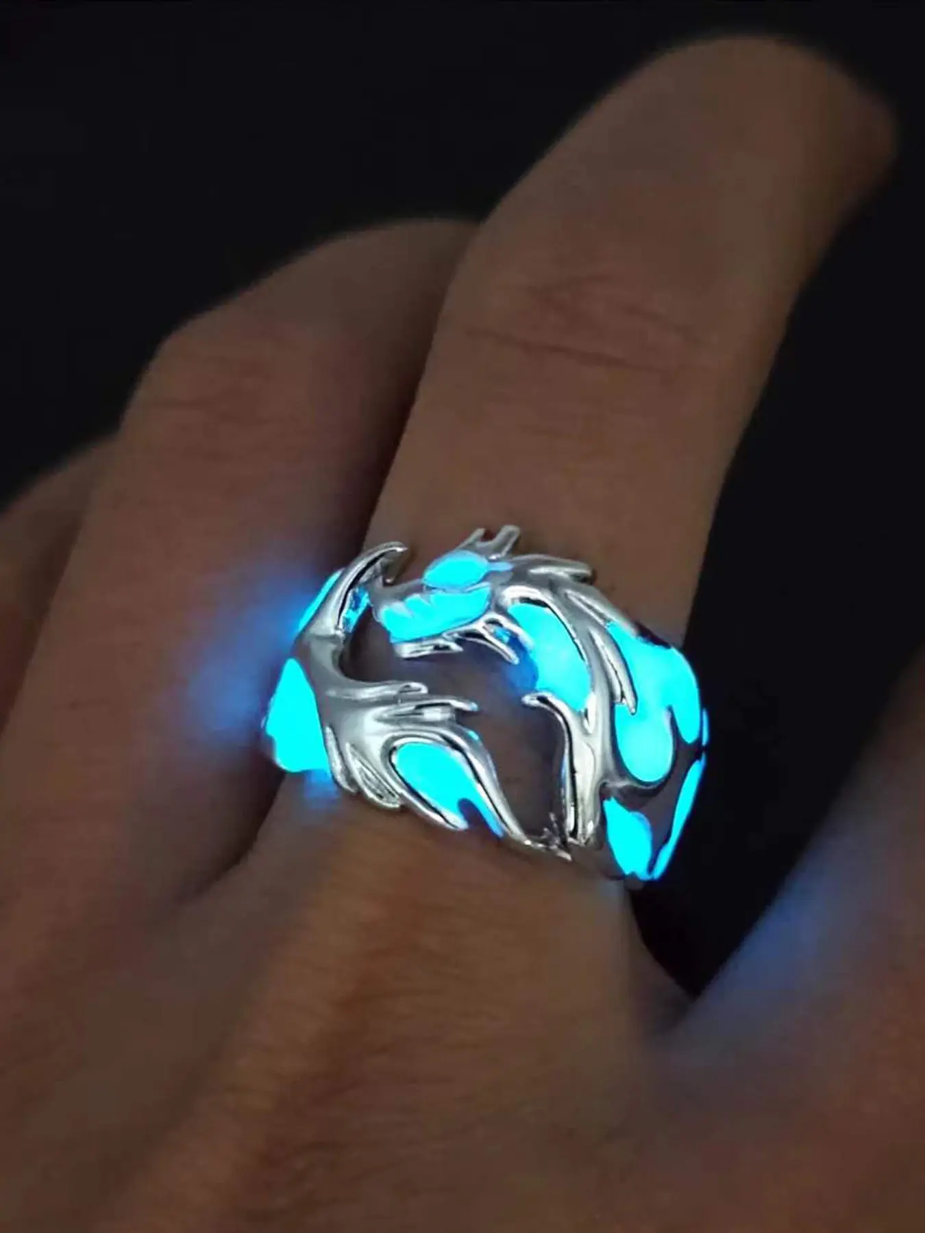 Glow in The Dark Dragon Ring, Halloween Vintage Silver‑Toned Luminous Dragon Adjustable Ring, Gothic Punk Animal Statement Jewelry Open Ring Gift for Men Women, Punk Style Ring